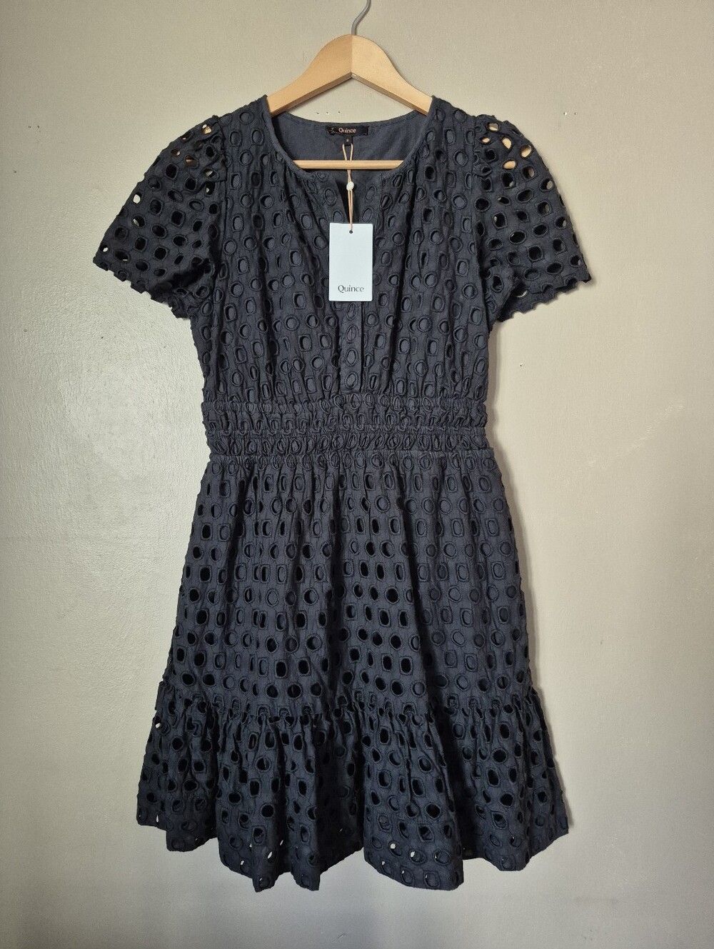 NWT Quince Womens Organic Cotton Eyelet Mini Tiered Dress Black Smocked Waist S